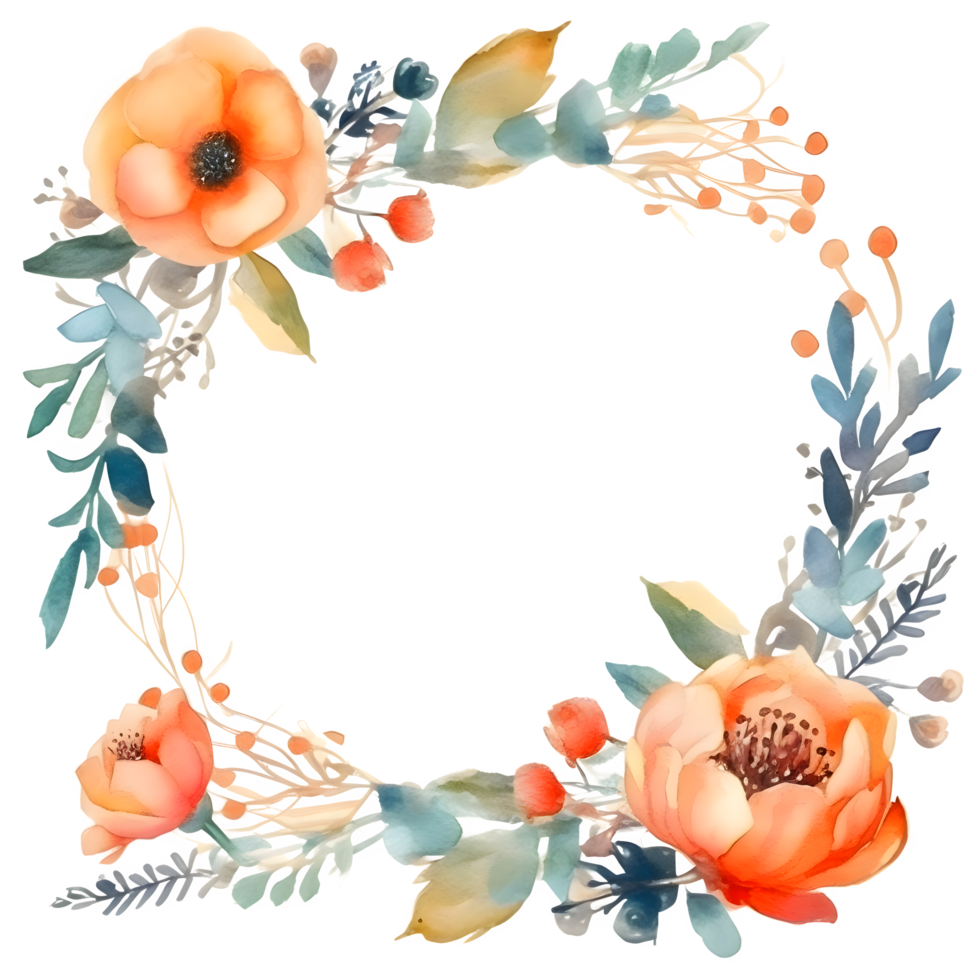 Elegant Floral Watercolor Frame for Wedding Invitations and Greeting Cards. PNG Transparent Background