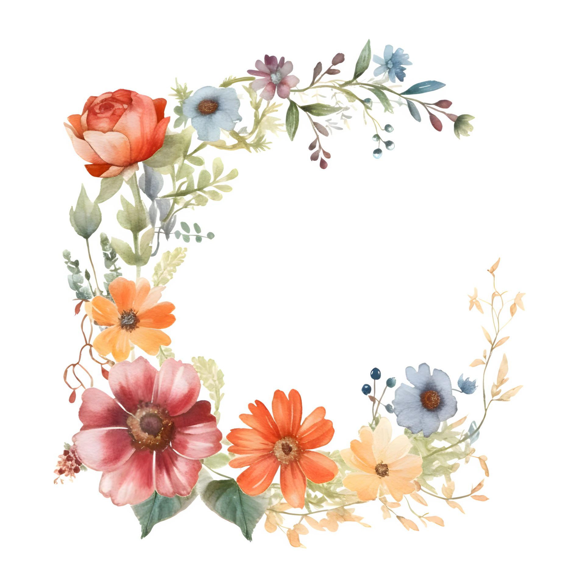 Vibrant watercolor floral wreath with bold pink and orange flowers PNG