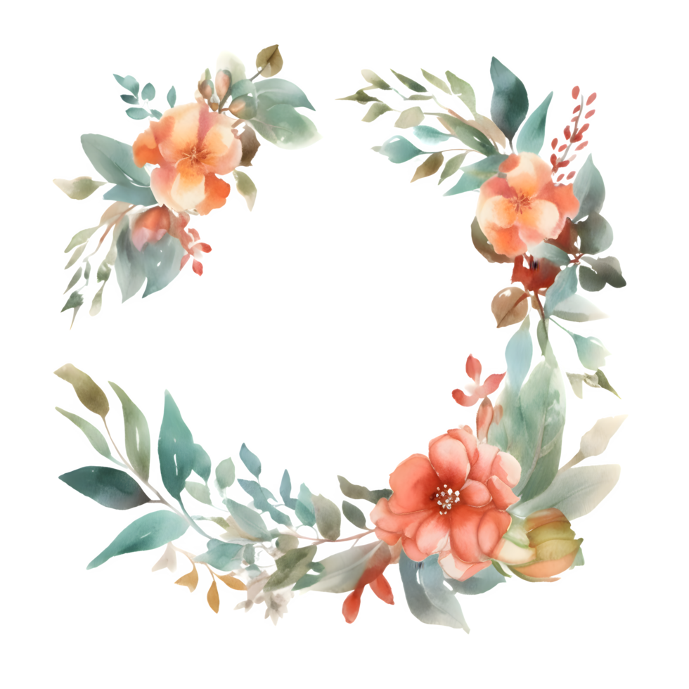 Colorful Watercolor Floral Frame with Blooming Flowers and Leaves. Perfect for Wedding Invitations. PNG Transparent Background