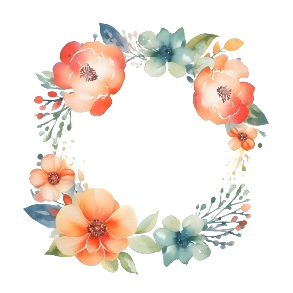 Botanical with Watercolor Floral Frame and Feathers. Perfect for Bohemian Designs. PNG Transparent Background