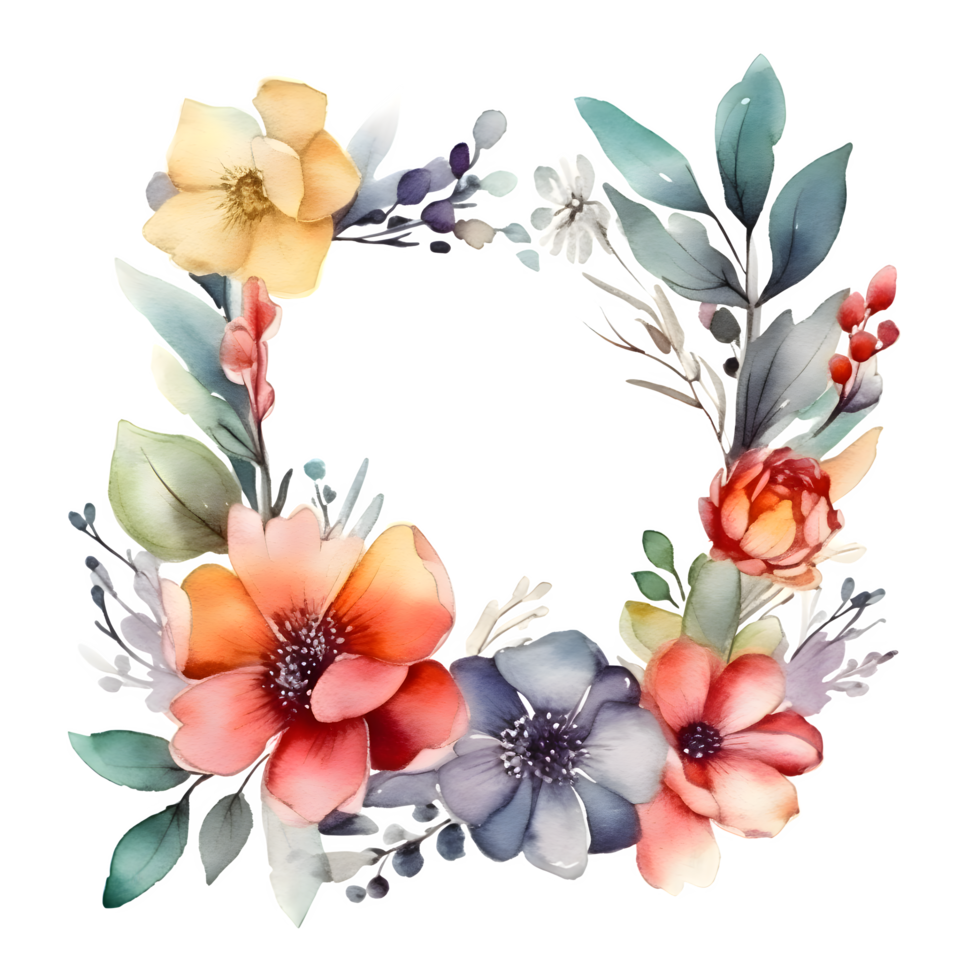 delikat blommig krans med rosor, pioner och vilda blommor. hand dragen vattenfärg design. png transparent bakgrund