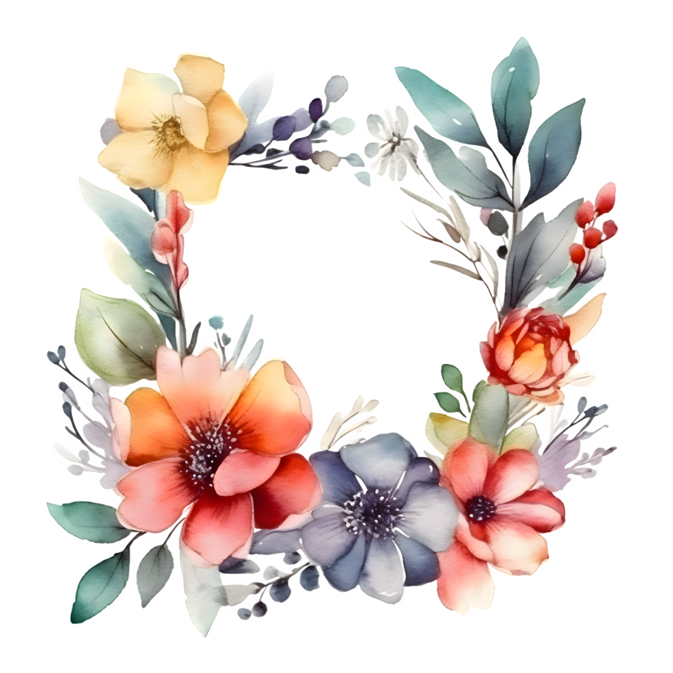 Delicate Floral Wreath with Roses, Peonies and Wildflowers. Hand Drawn Watercolor Design. PNG Transparent Background