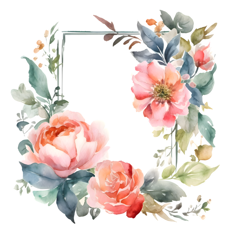 Rustic Greenery and Flower Round Frame Design for Summer Weddings and Events. Peonies, Roses, and Leaves in Mint and Green Tones. Watercolor PNG Transparent Background
