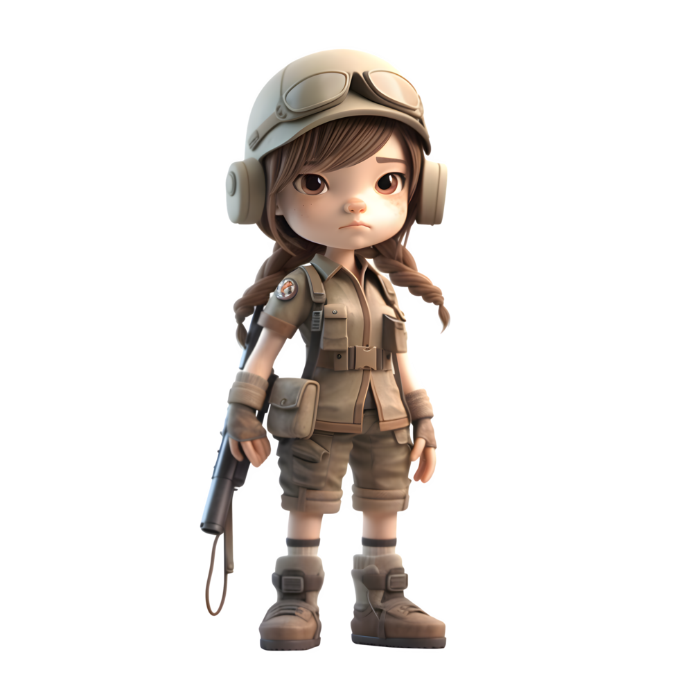 Defending the Country A 3D Cute Girl in Army Uniform with Weapon PNG Transparent Background