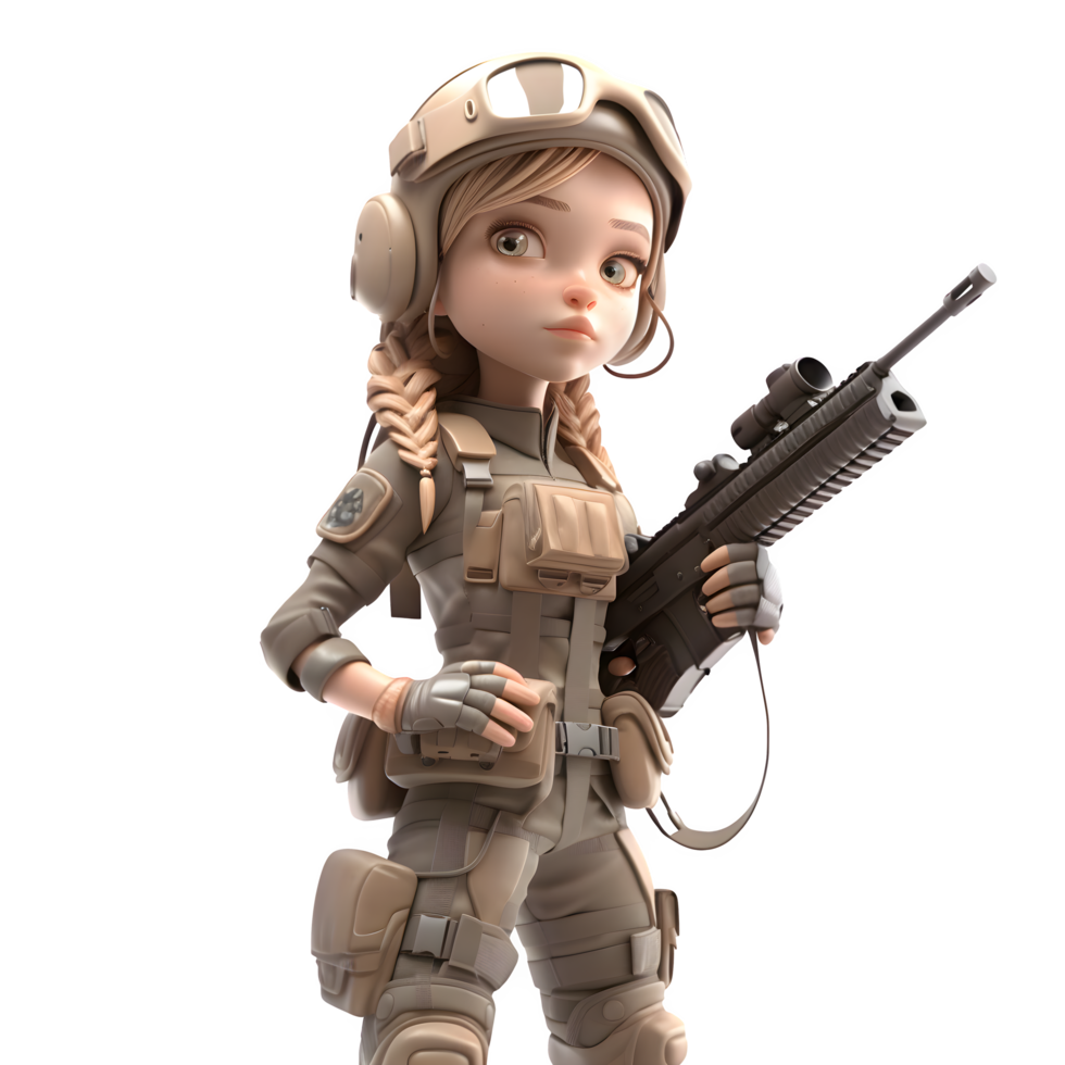 courageux dans uniforme une 3d mignonne fille armée personnage avec pistolet png transparent Contexte