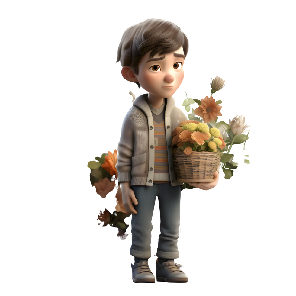 Colorful 3D Florist Boy with Garden Tools Ideal for Horticultural or Botanical Themes PNG Transparent Background