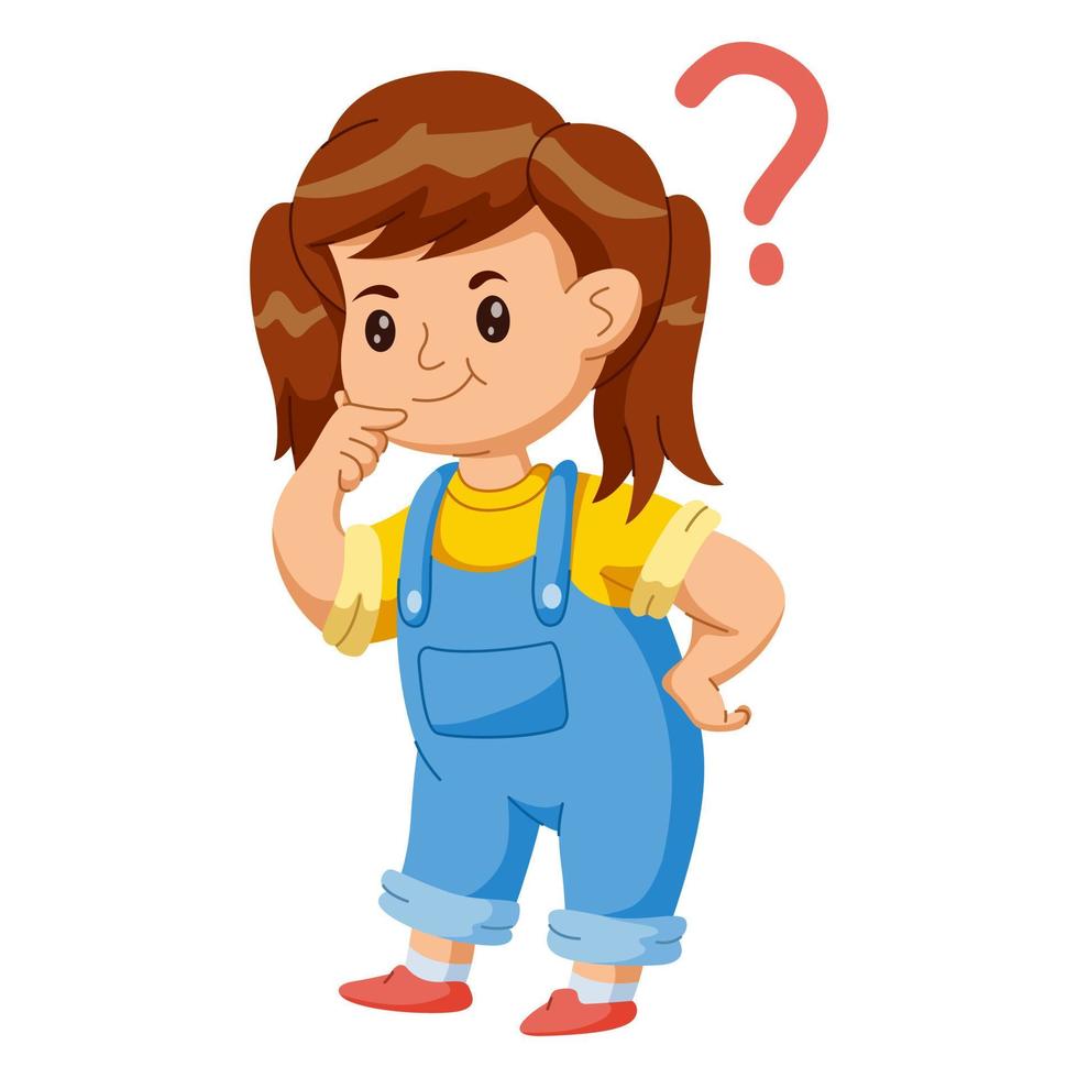 un niña pensando con pregunta marca en llamadas vector ilustración