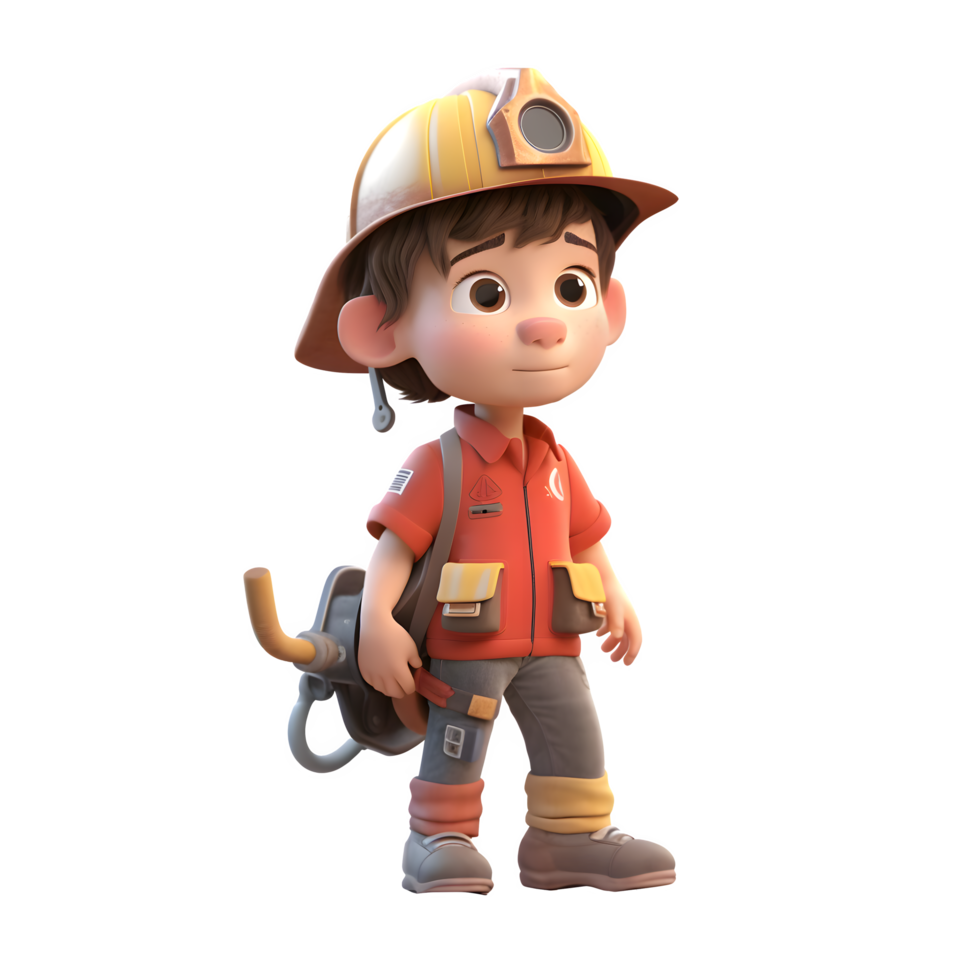 Heroic 3D Firefighter Boy with Ladder Perfect for Fire Rescue or Disaster Relief Advertising PNG Transparent Background