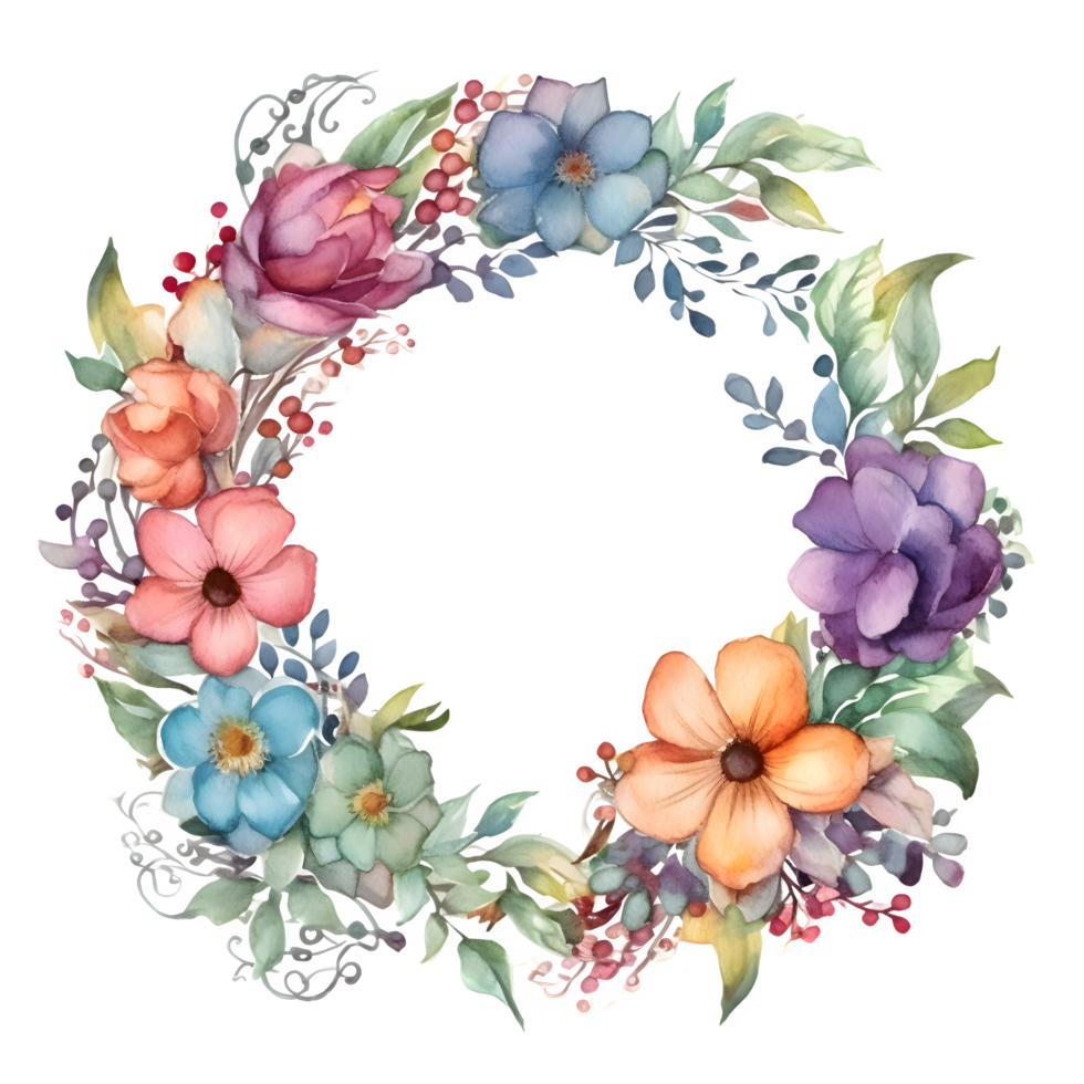 Botanical with Floral Frame and Butterflies. Spring and Summer Design. PNG Transparent Background