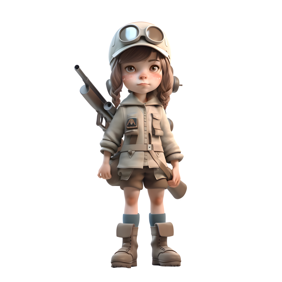 Marching On A 3D Cute Girl in Army Uniform with Gun PNG Transparent Background