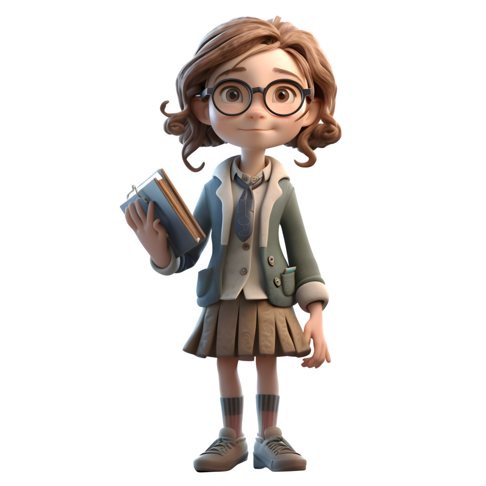 Learned Lady 3D Cute Girl in Professor Character holding Book and wearing Glasses PNG Transparent Background