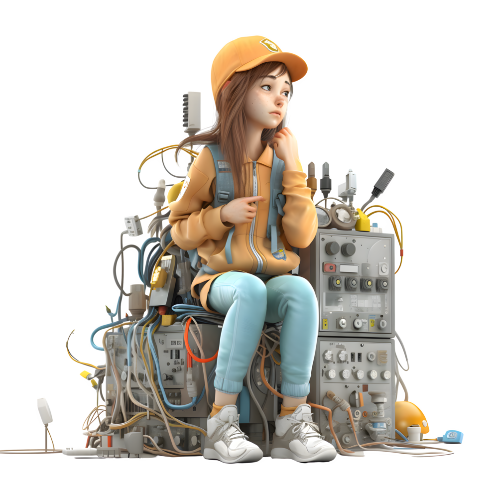 Charming and Reliable 3D Electrician Women Capable and Professional Characters for Construction Industry Presentations PNG Transparent Background