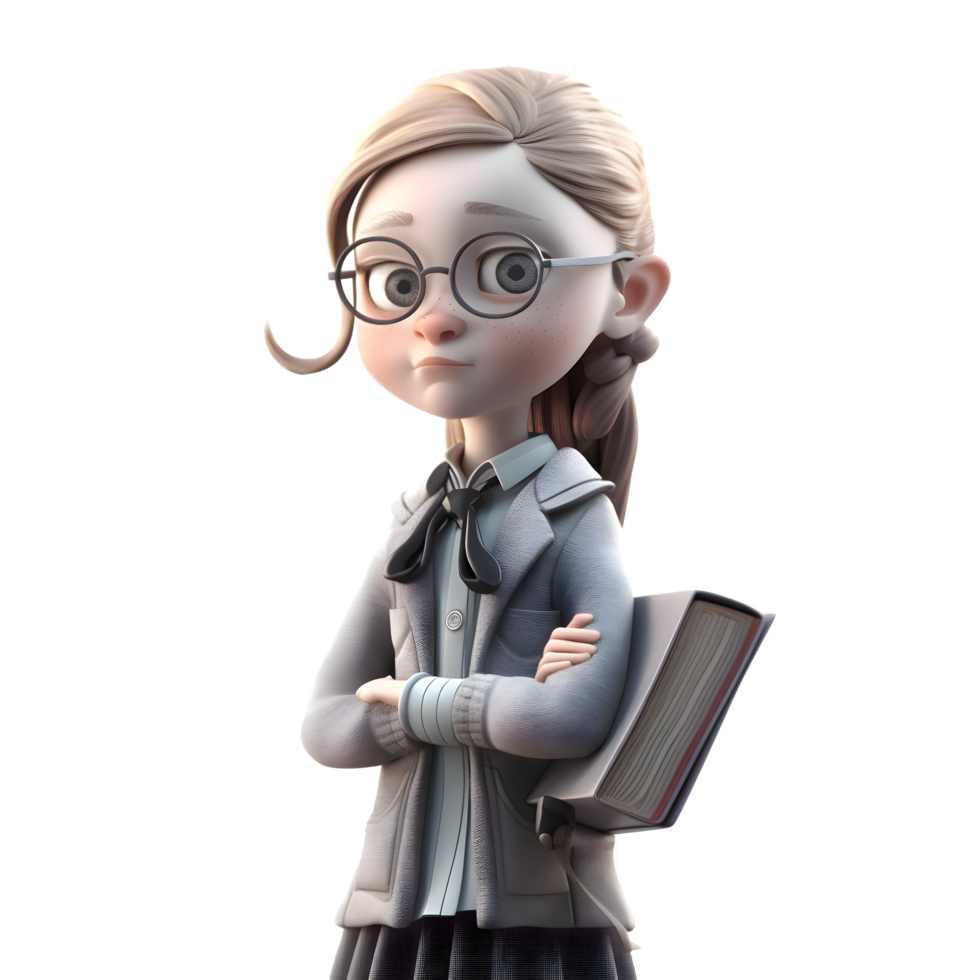 livresco amor 3d fofa menina dentro professor personagem com uma livro e óculos png transparente fundo