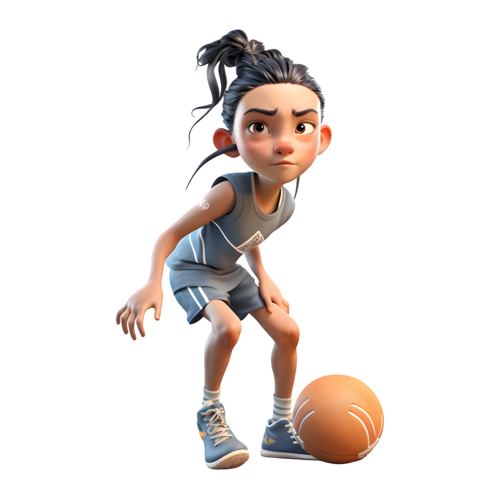 3D Cute Girl Basket Ball Champ in Action PNG Transparent Background