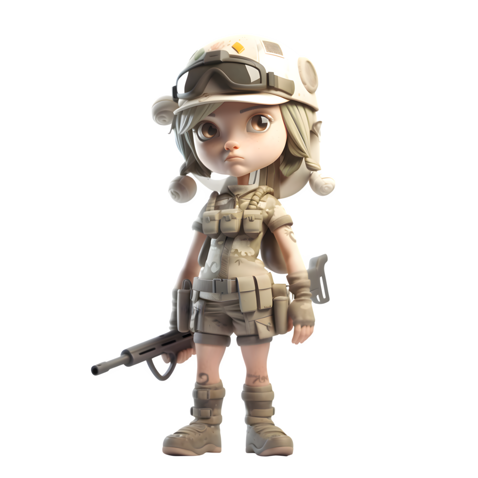 pequeno senhorita soldado uma 3d fofa menina dentro exército uniforme png transparente fundo