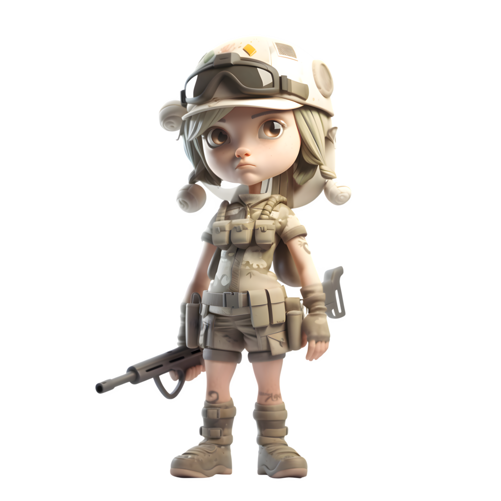 pequeño perder soldado un 3d linda niña en Ejército uniforme png transparente antecedentes