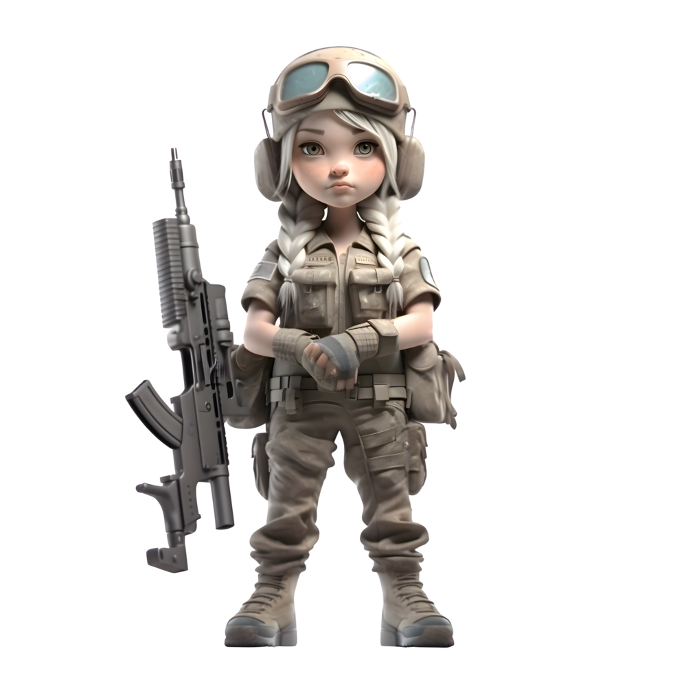 Listo para acción un 3d linda niña Ejército personaje con pistola png transparente antecedentes