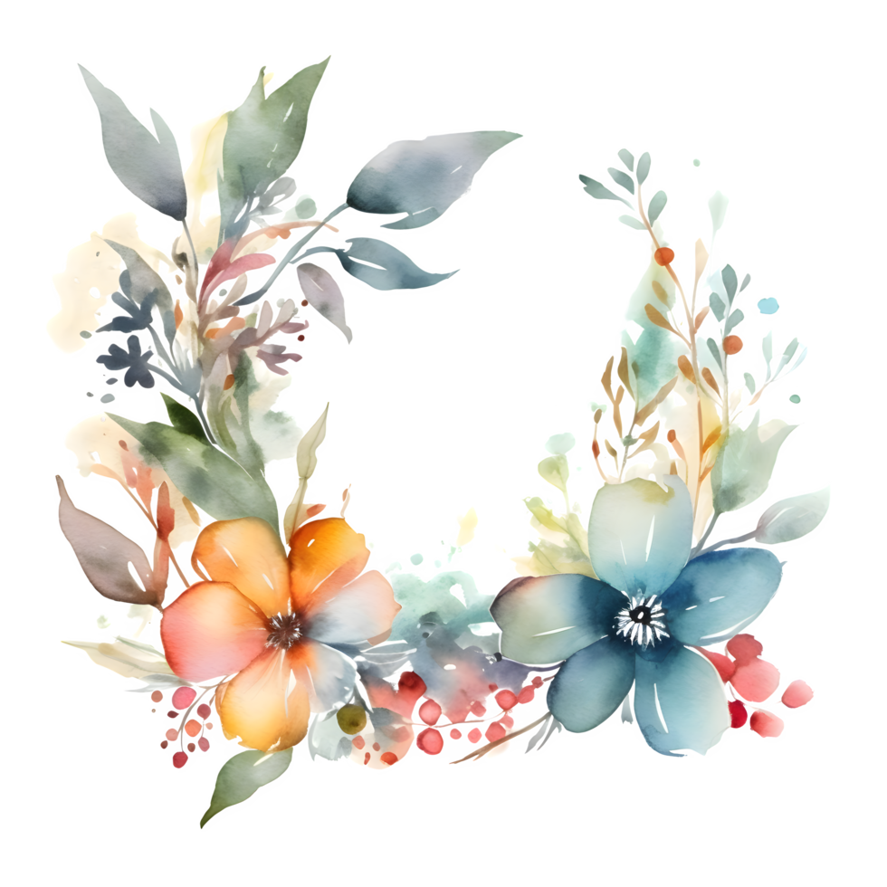 Soft watercolor floral wreath with pastel pink and blue blooms PNG Transparent Background