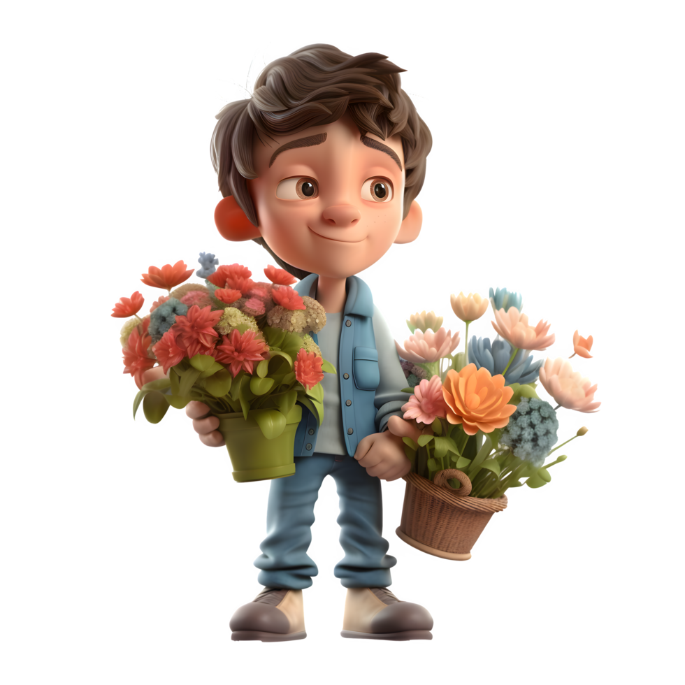 Artistic 3D Florist Boy with Watering Can Perfect for Gardening or Landscaping Designs PNG Transparent Background