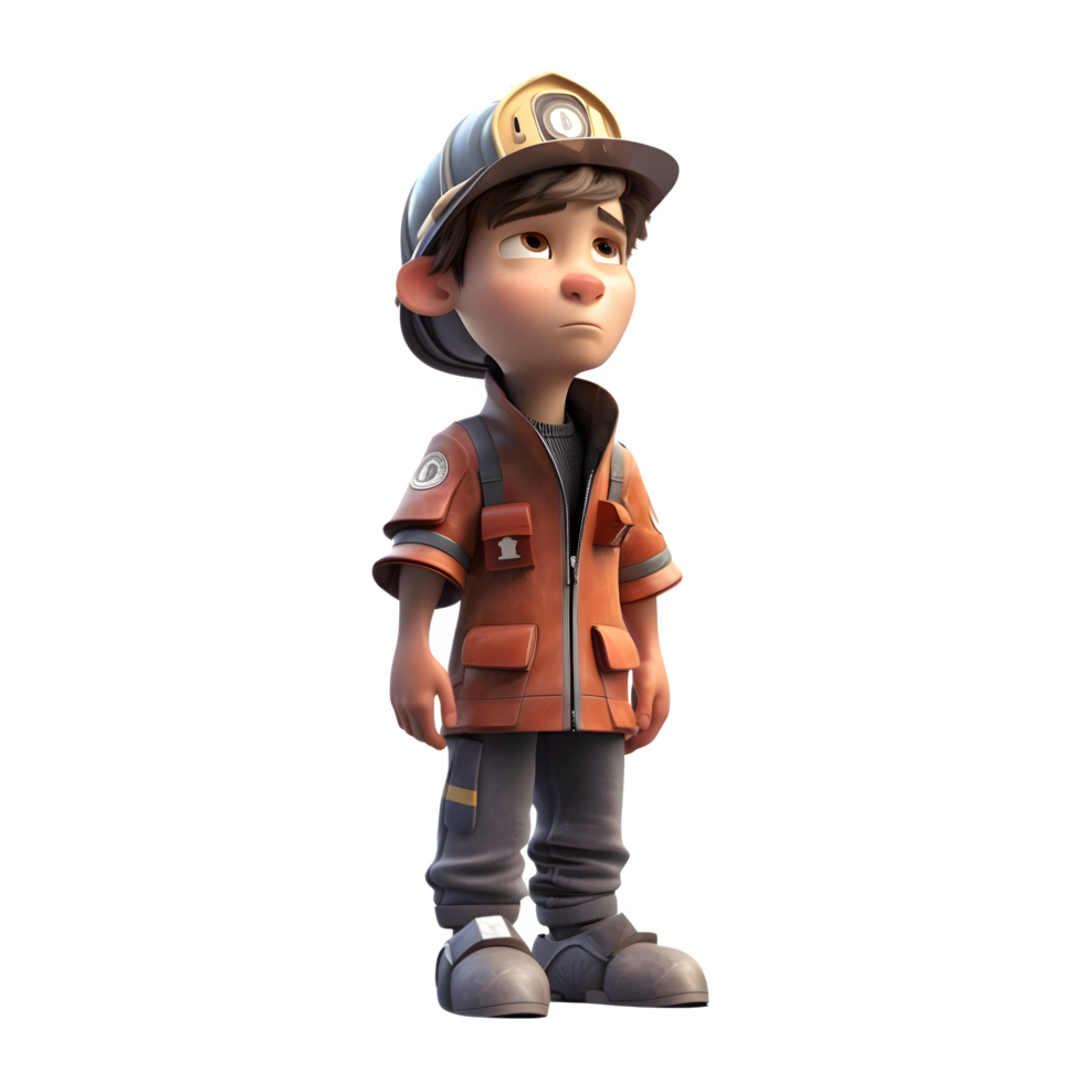 moedig 3d brandweerman jongen met uitrusting Super goed voor brand veiligheid of paraatheid campagnes PNG transparant achtergrond