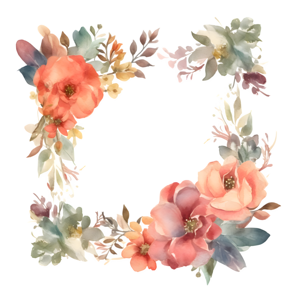 Vintage Floral Frame with Roses, Peonies and Foliage. Perfect for Save the Date Cards and Announcements. PNG Transparent Background