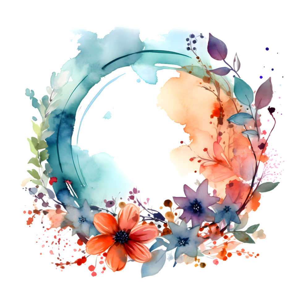 Delicate Floral Wreath with Roses, Dahlias and Eucalyptus Leaves. Hand Painted Watercolor Design. PNG Transparent Background