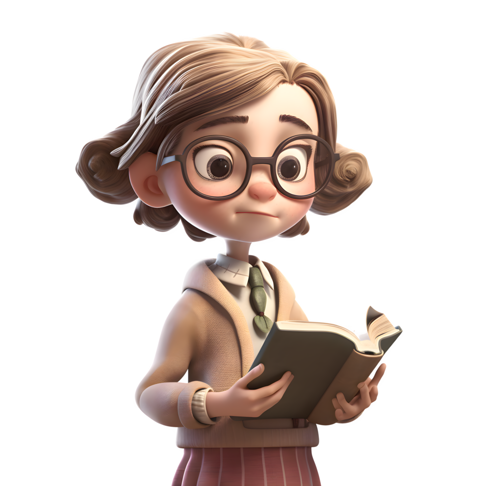 inteligente beleza 3d fofa menina dentro professor personagem segurando livro e vestindo óculos png transparente fundo