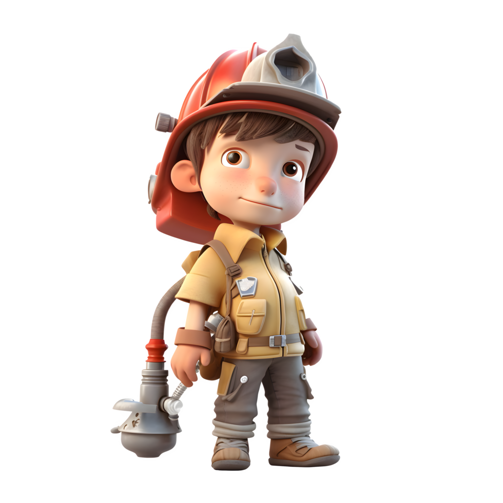 Brave 3D Firefighter Boy with Hose Ideal for Safety or Emergency Concepts PNG Transparent Background