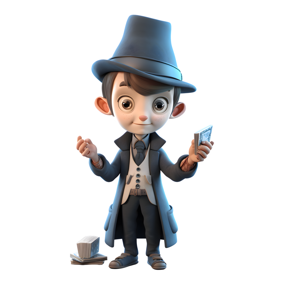 Mystical 3D Boy Magician with Wand and Hat Ideal for Fantasy or Magic Themed Art PNG Transparent Background