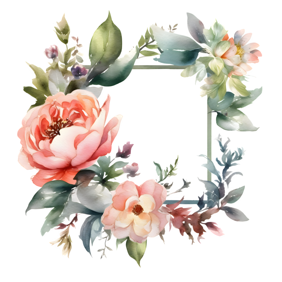 Botanical with Floral Frame and Butterflies. Spring and Summer Design. PNG Transparent Background