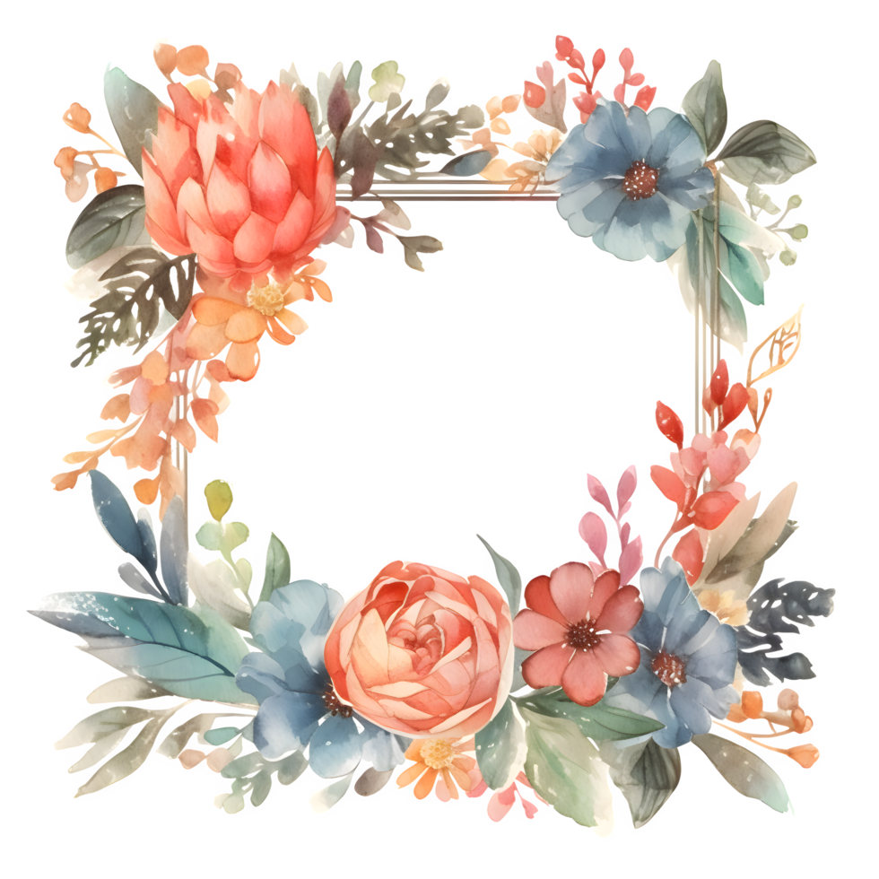 Rustic Floral Frame with Wildflowers and Eucalyptus Leaves. Perfect for Country Chic Weddings. PNG Transparent Background