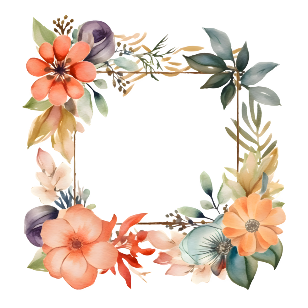 Botanical with Watercolor Floral Frame and Feathers. Perfect for Bohemian Designs. PNG Transparent Background