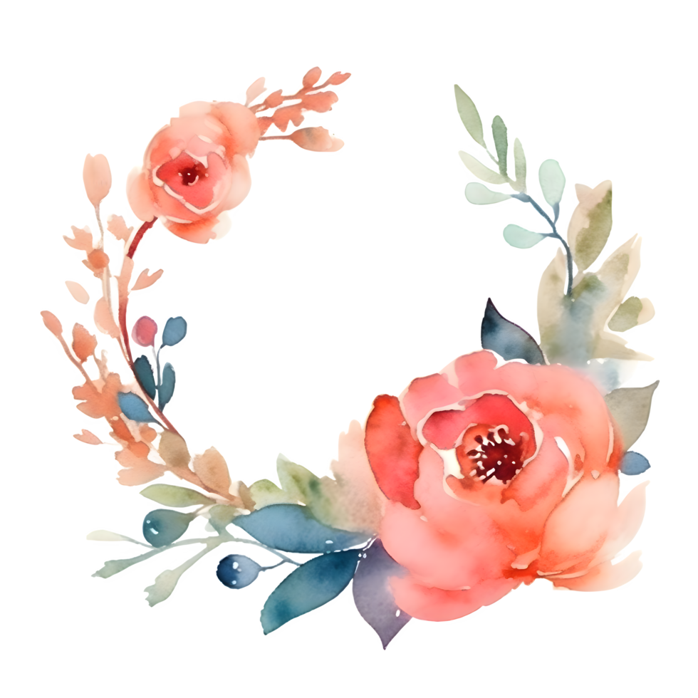 Delicate Floral Wreath with Roses, Peonies and Wildflowers. Hand Drawn Watercolor Design. PNG Transparent Background