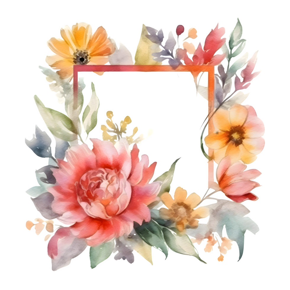 Colorful Watercolor Floral Border with Blooming Flowers and Leaves. Perfect for Birthday Invitations. PNG Transparent Background
