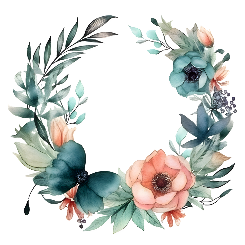 Beautiful Watercolor Floral Frame Design for Wedding Invitations or Greeting Cards. Hand-drawn Flowers and Leaves in Soft Pastel Colors. PNG Transparent Background