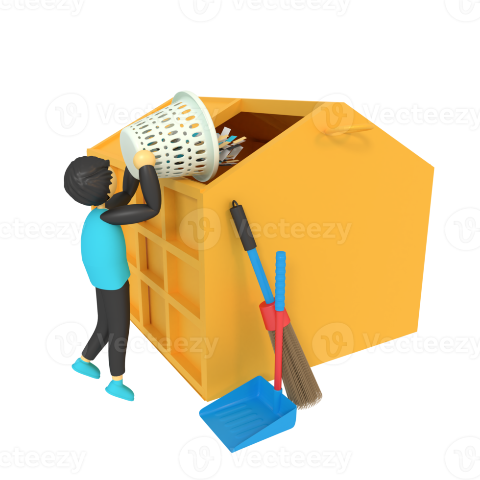 3d illustration of dispose the trash in the trash can png