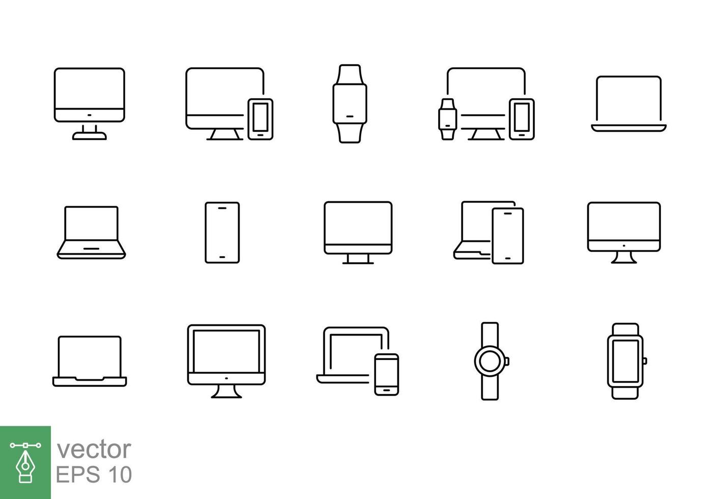 moderno dispositivos Delgado línea icono colocar. sencillo contorno estilo. computadora, computadora portátil, monitor pantalla, artilugio, ordenador personal, teléfono, reloj inteligente. vector ilustración aislado en un blanco antecedentes. eps 10