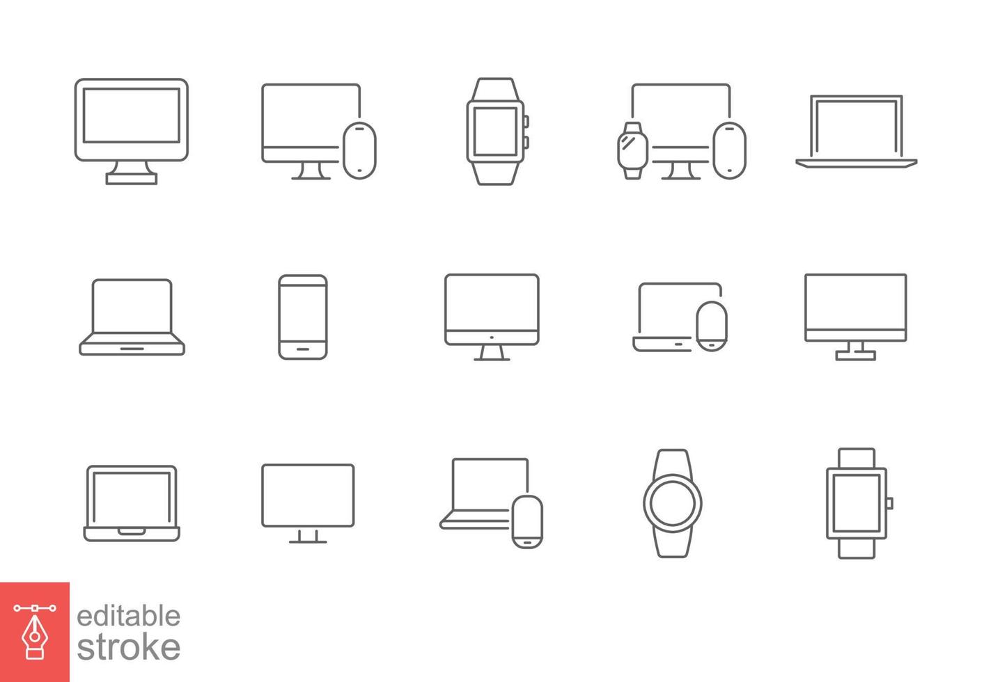 Modern devices thin line icon set. Simple outline style. Computer, laptop, monitor screen, gadget, pc, phone, smartwatch. Vector illustration isolated on a white background. Editable stroke EPS 10.