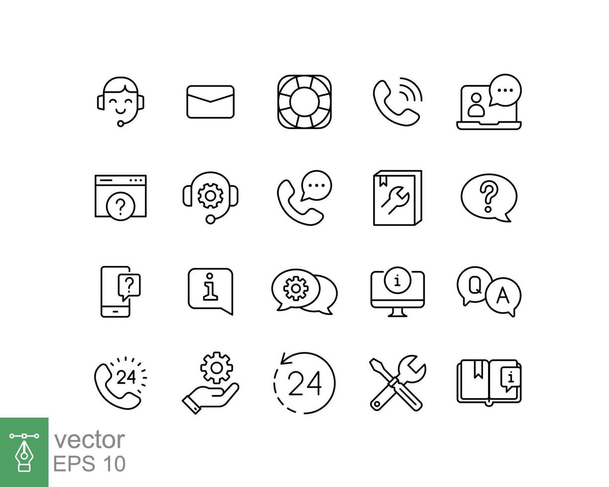 Help and support line icon set. Simple outline style symbol for web template and app. Online service, call center, contact phone concept. Vector illustration isolated on white background. EPS 10.