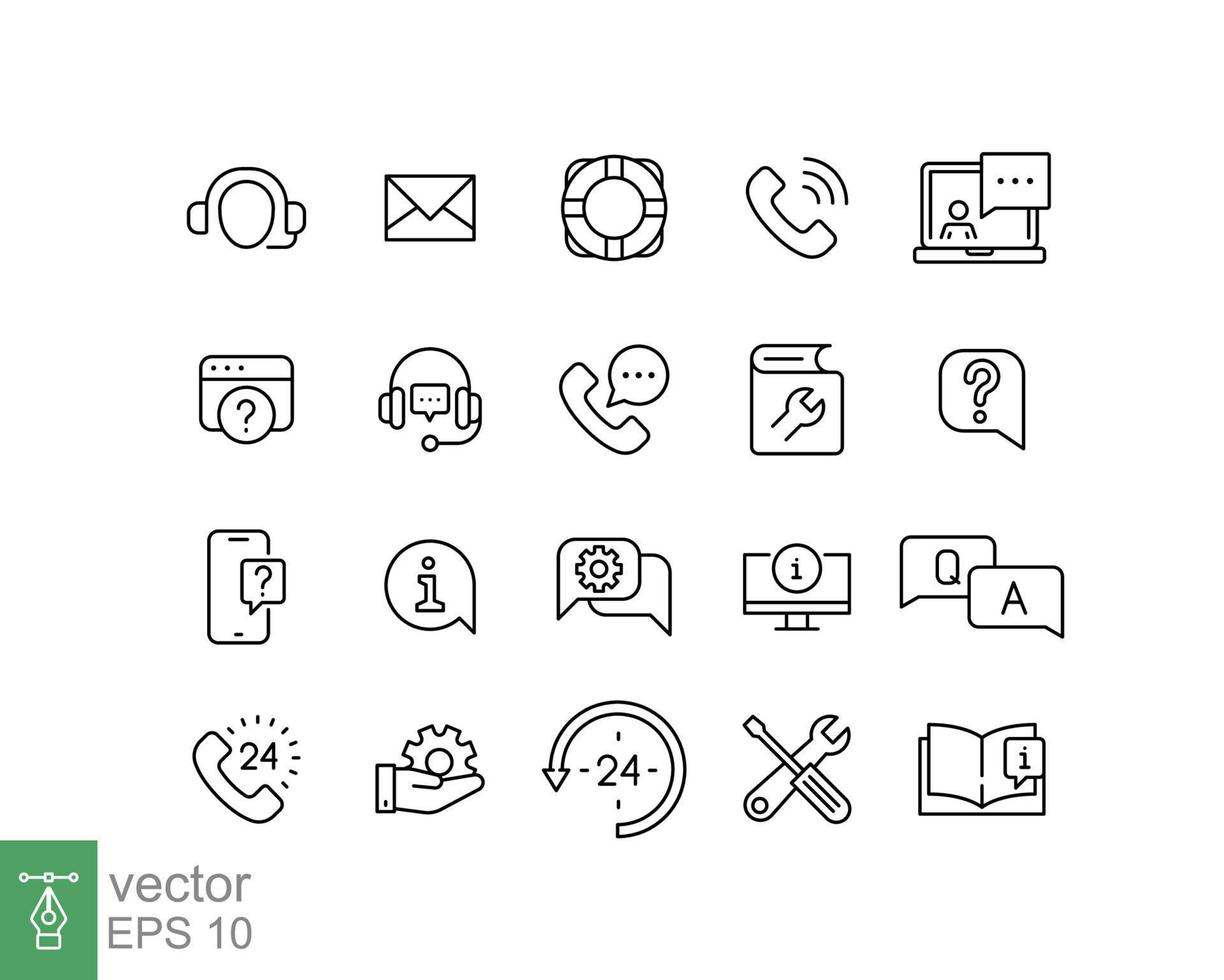 Help and support line icon set. Simple outline style symbol for web template and app. Online service, call center, contact phone concept. Vector illustration isolated on white background. EPS 10.