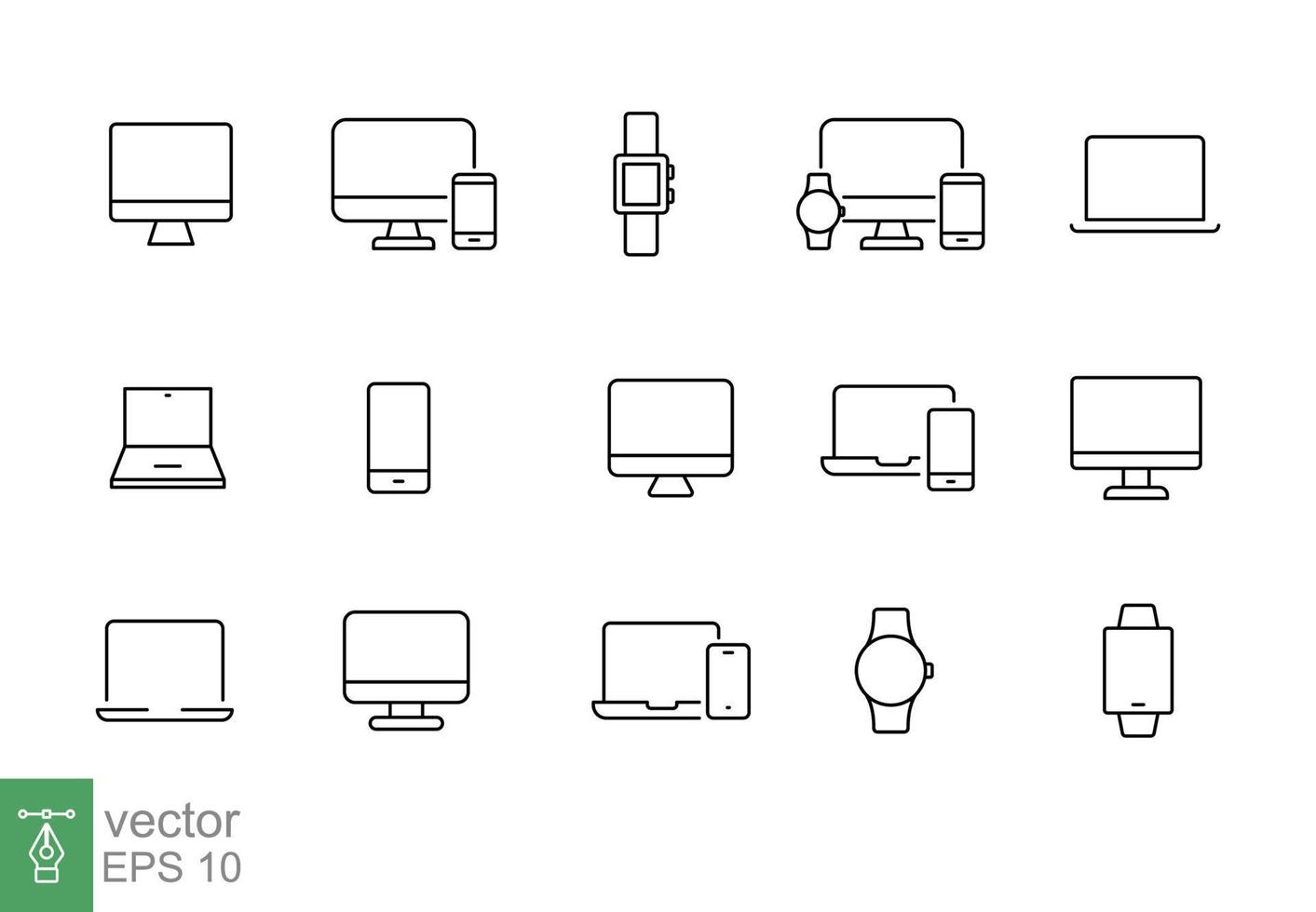 Modern devices thin line icon set. Simple outline style. Computer, laptop, monitor screen, gadget, pc, phone, smartwatch. Vector illustration isolated on a white background. EPS 10.