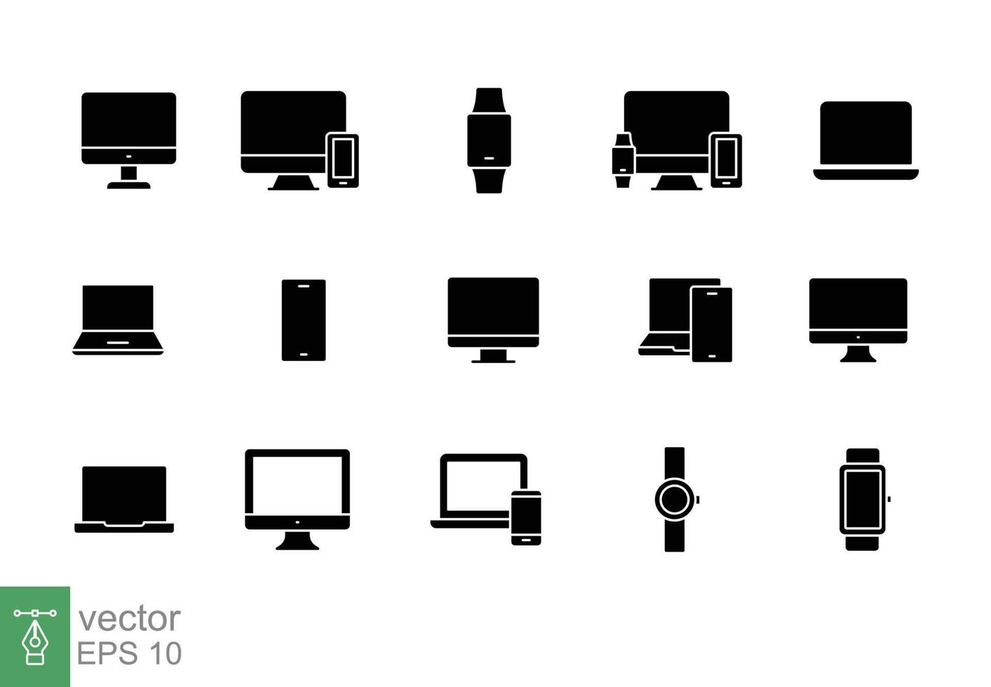Modern devices icon set. Simple solid style. Computer, laptop, monitor screen, gadget, pc, phone, smartwatch. Silhouette, glyph symbol. Vector illustration isolated on a white background. EPS 10.
