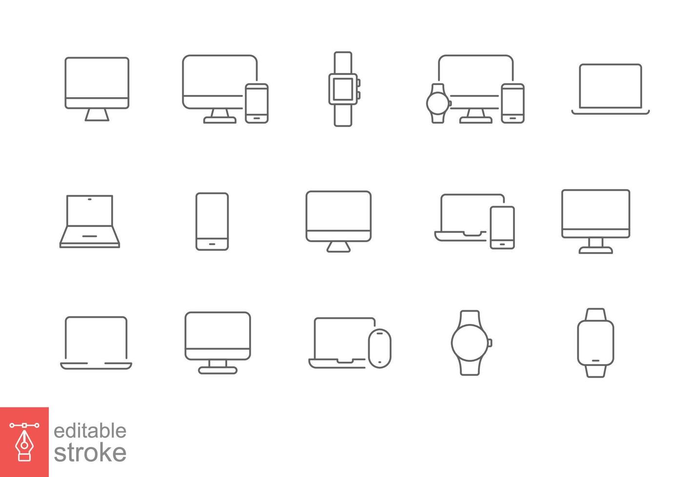 Modern devices thin line icon set. Simple outline style. Computer, laptop, monitor screen, gadget, pc, phone, smartwatch. Vector illustration isolated on a white background. Editable stroke EPS 10.