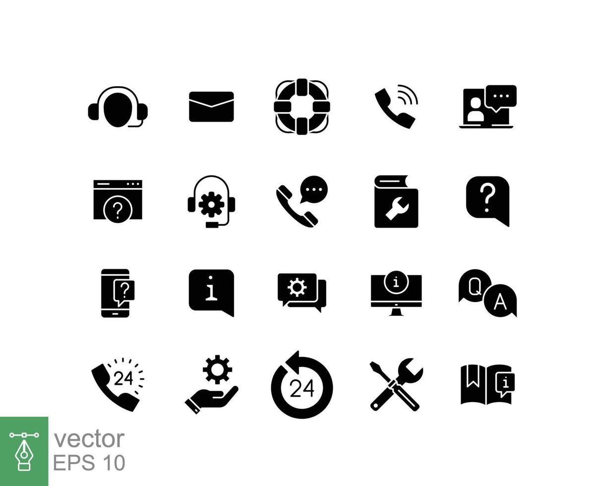 Help and support glyph icon set. Simple solid style symbol for web template and app. Online service, call center, contact phone concept. Vector illustration isolated on white background. EPS 10.