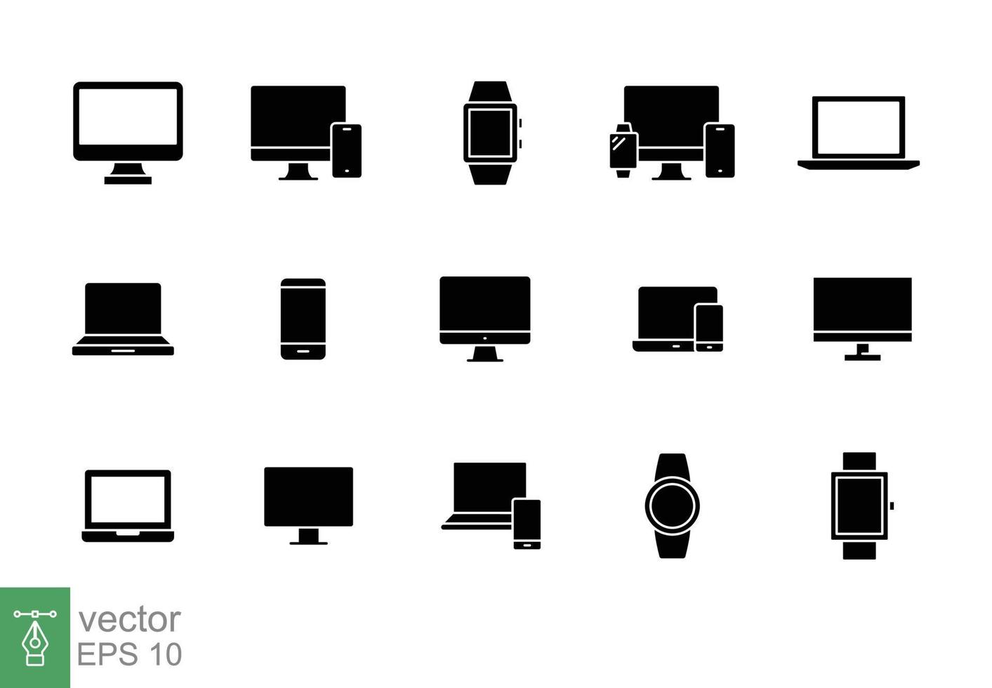 moderno dispositivos icono colocar. sencillo sólido estilo. computadora, computadora portátil, monitor pantalla, artilugio, ordenador personal, teléfono, reloj inteligente. silueta, glifo símbolo. vector ilustración aislado en un blanco antecedentes. eps 10