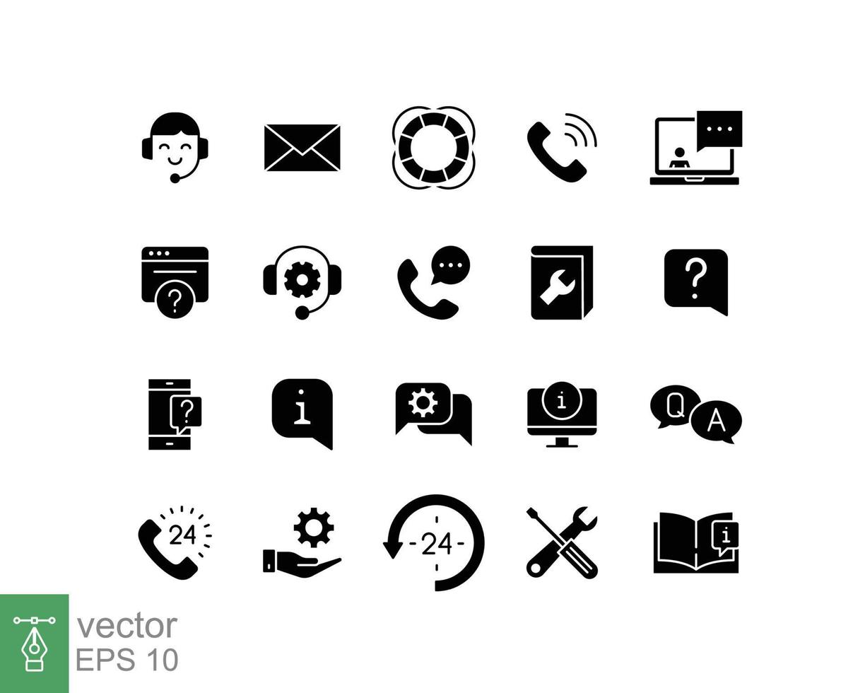 Help and support glyph icon set. Simple solid style symbol for web template and app. Online service, call center, contact phone concept. Vector illustration isolated on white background. EPS 10.