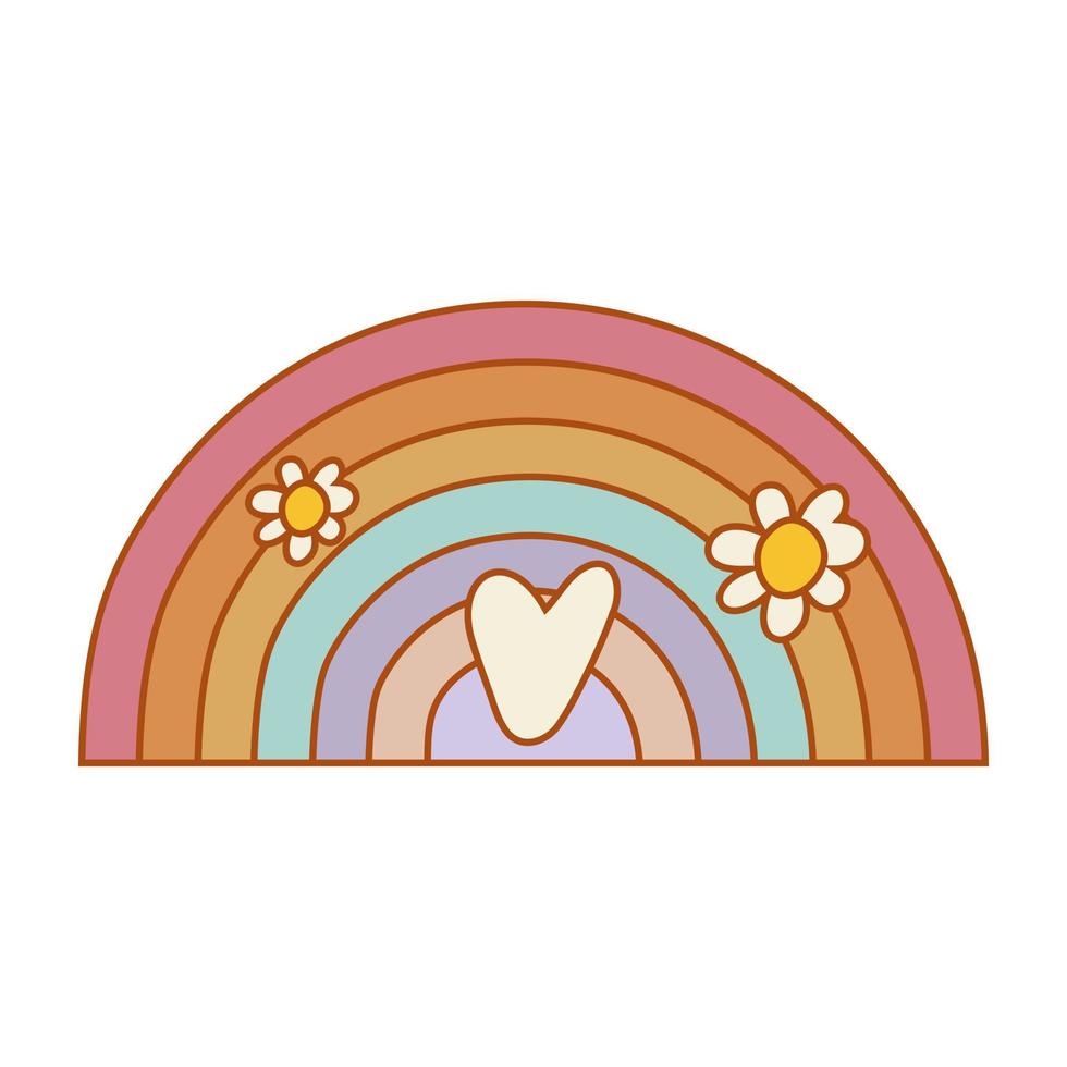 Hipster retro y2k rainbow with flowers. Funky illustration in vintage hippy style. vector