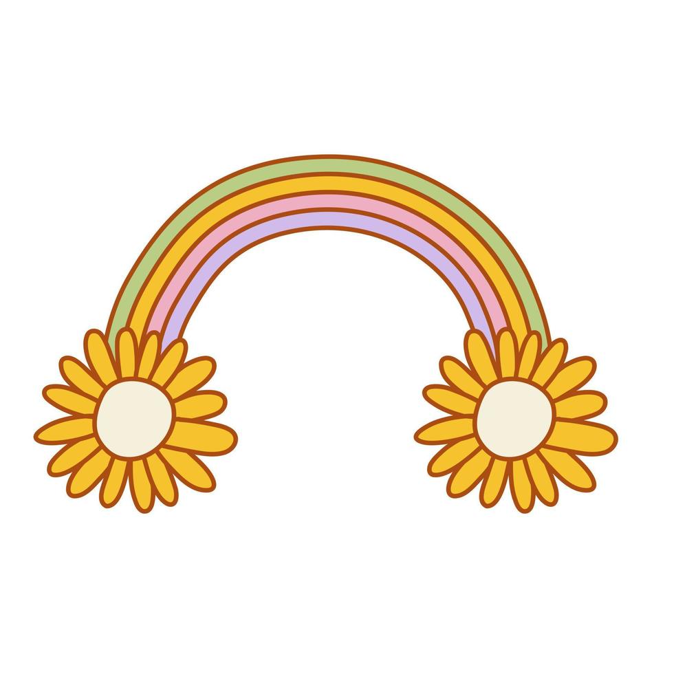hipster retro y2k arco iris con flores miedoso ilustración en Clásico hippy estilo. vector