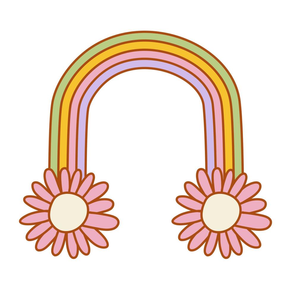 Hipster retro y2k rainbow with flowers. Funky illustration in vintage hippy style. vector