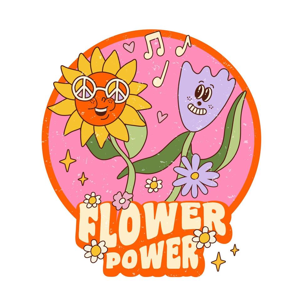 Vector cartoon illustration Flower Power in groovy retro psychedelic style with dancing flowers